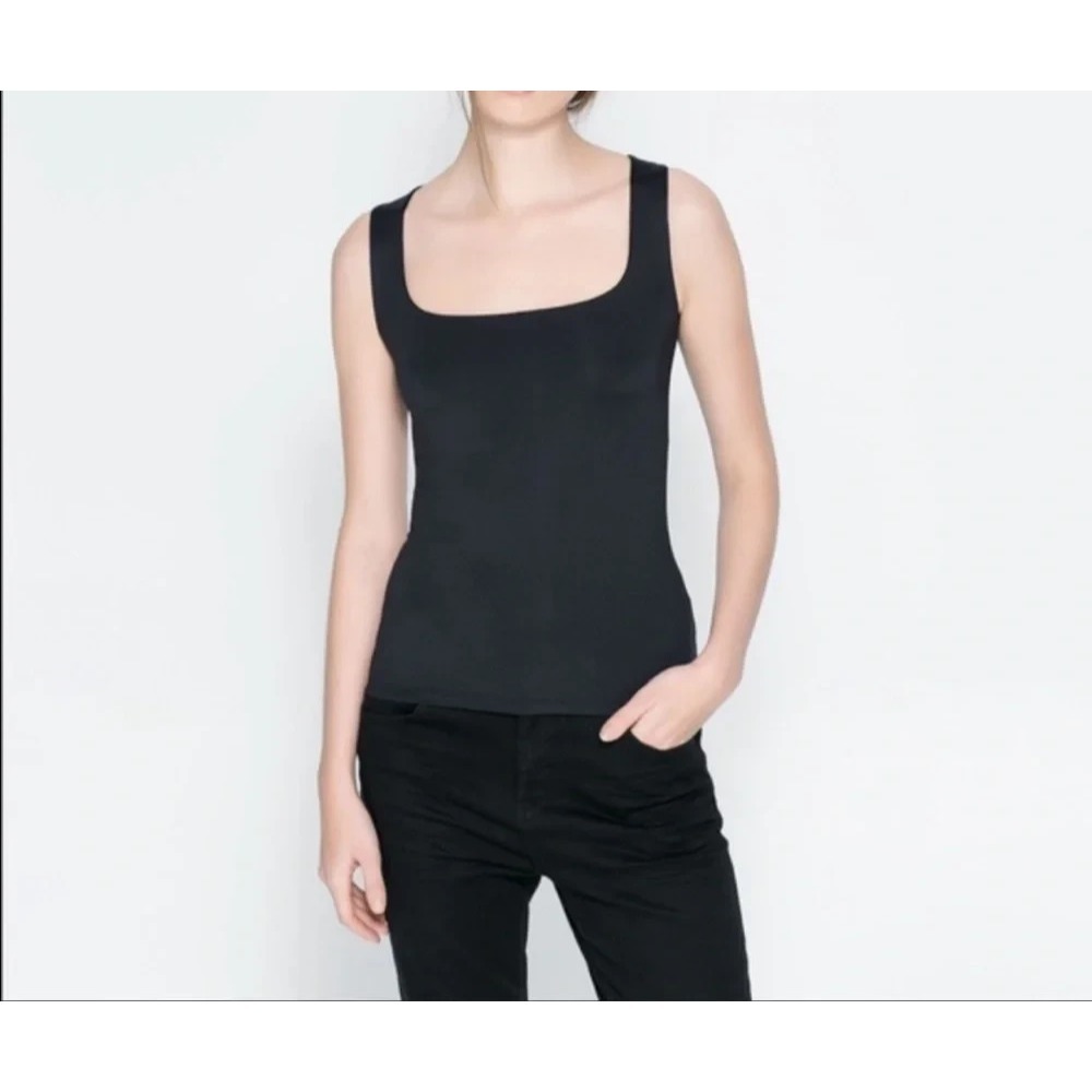 ZARA BASIC Black DOUBLE LAYERED KNIT Sleeveless SCOOP NECK Fitted TANK TOP Sz M